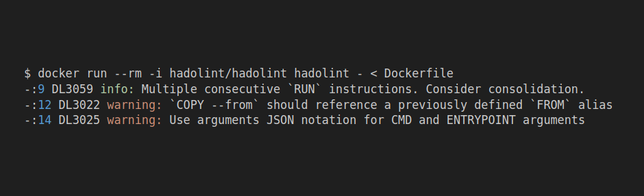 Screenshot showing a dockerfile linter