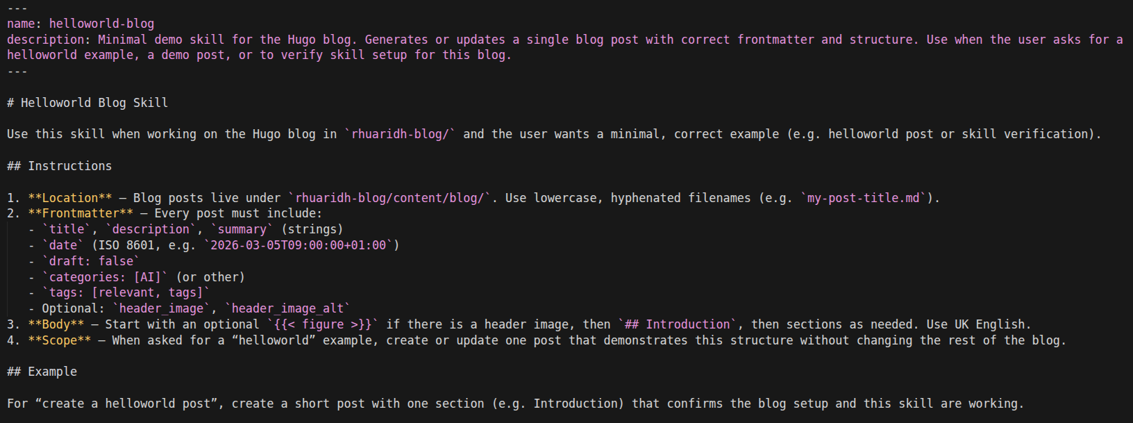 Example helloworld-blog skill showing SKILL.md